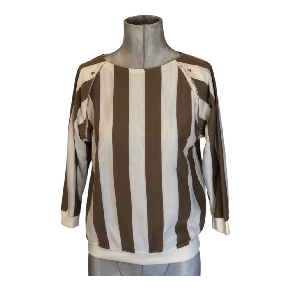 Vtg Women's Striped Crew Neck Knit Top - Brown and Cream